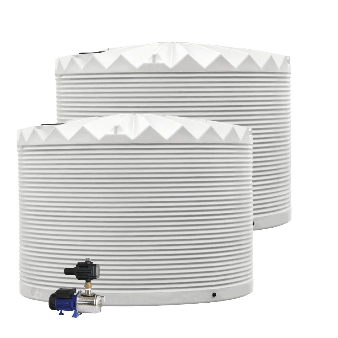Two white cylindrical water tanks with a pressure valve on a white background