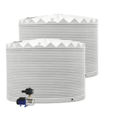 Two white cylindrical water tanks with a pressure valve on a white background