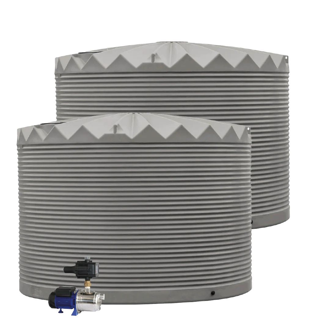 Two water storage tanks with a valve on a white background
