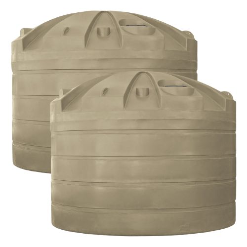 Two beige poly water storage tanks on a white background