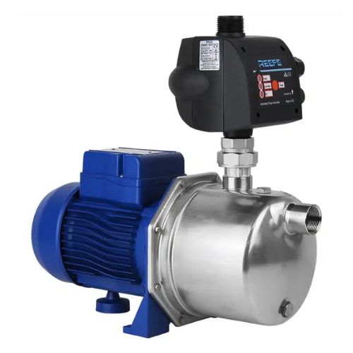 Pump with blue motor and silver body on a white background