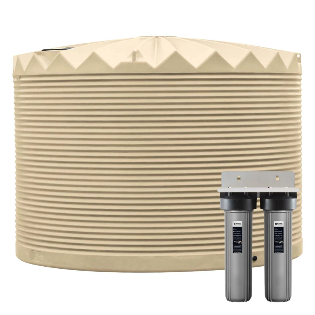 Large beige water storage tank with two a gray double water filter on a white background