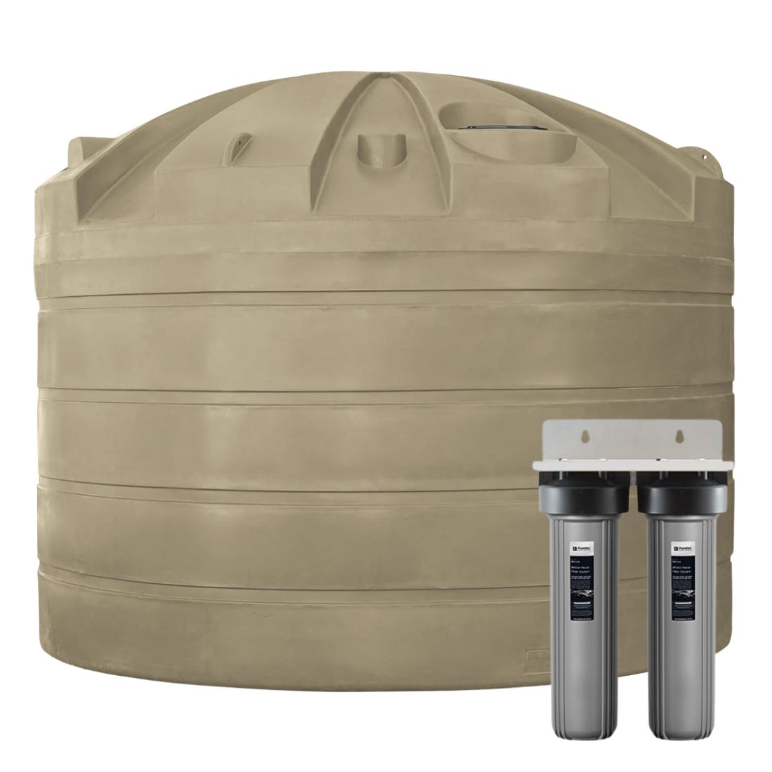Large beige water storage tank with a gray double water filter on a white background