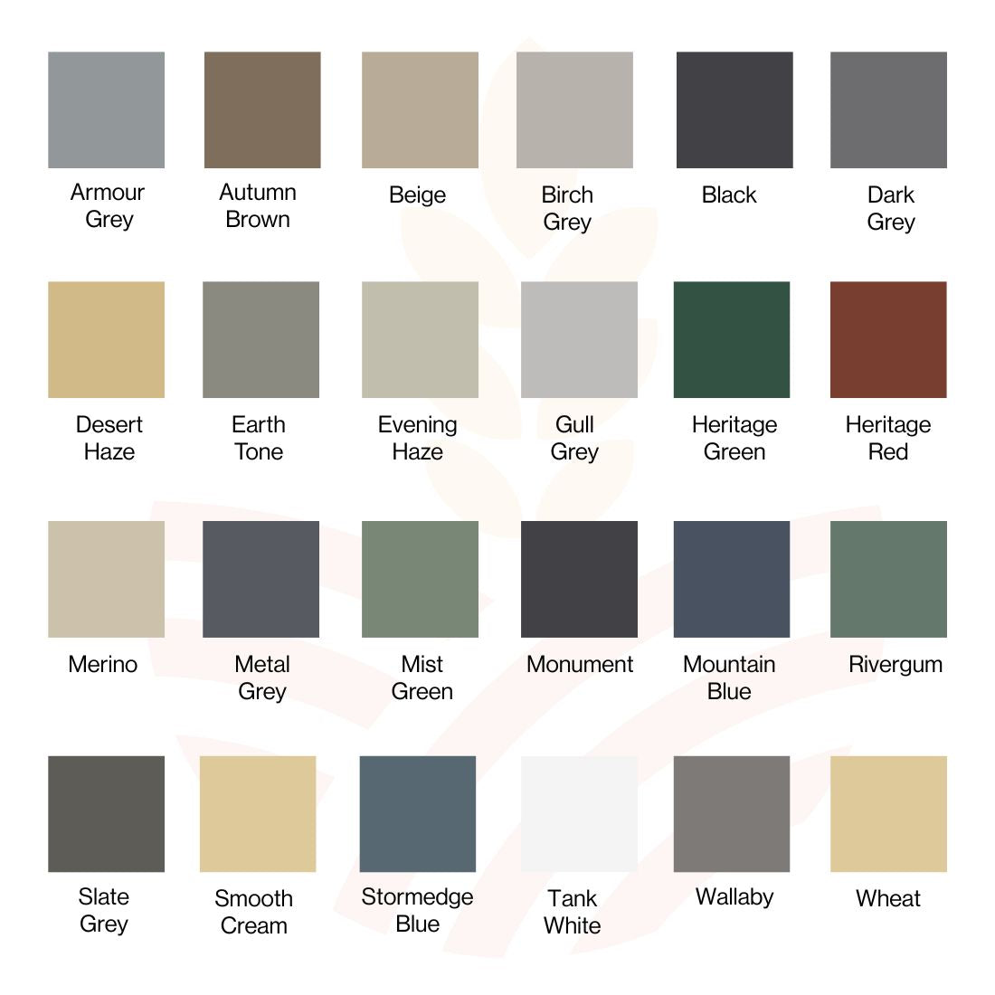 Colour swatch chart with various Colorbond matched Rapid Plas colour names and corresponding swatches.