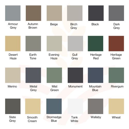 Color swatches with labels for a Rapid Plas colour selection chart.