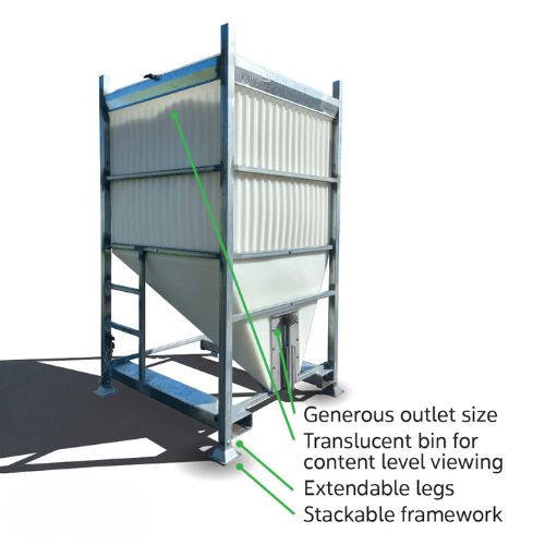 Metallic storage bin with translucent top for content level viewing, featuring extendable legs and stackable framework.