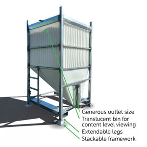 Metallic storage bin with translucent top for content level viewing, featuring extendable legs and stackable framework.