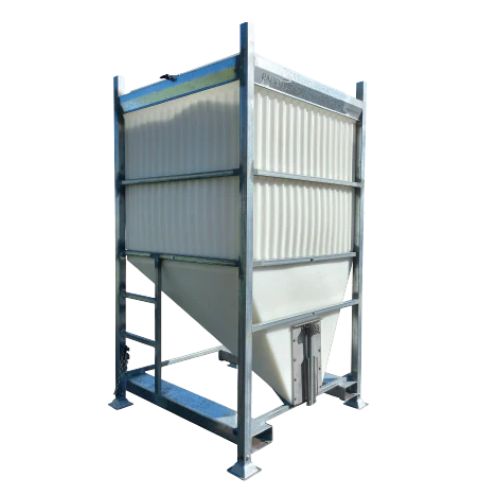 Metal storage silo with corrugated metal panels on a white background