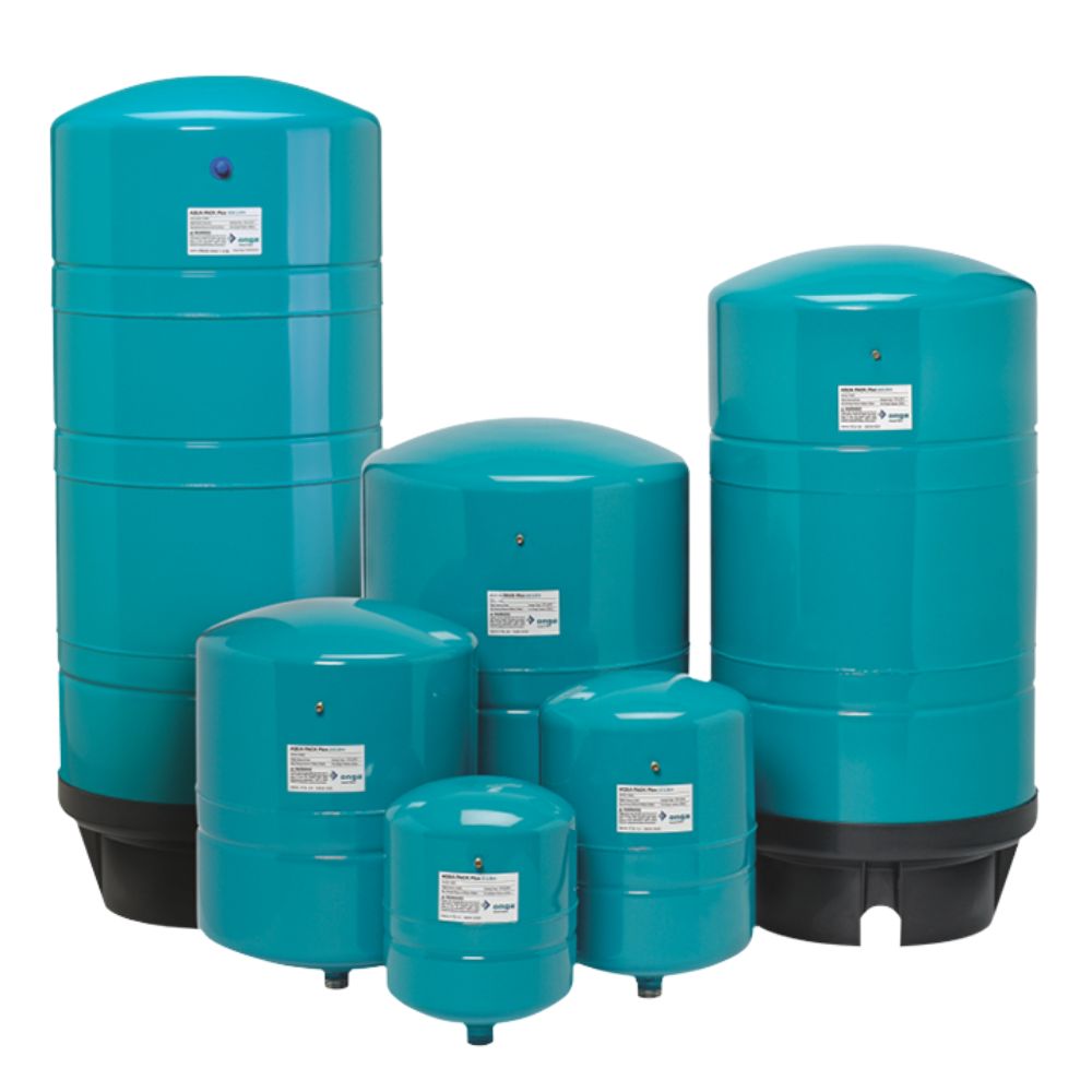 Set of blue cylindrical tanks with black bases on a white background