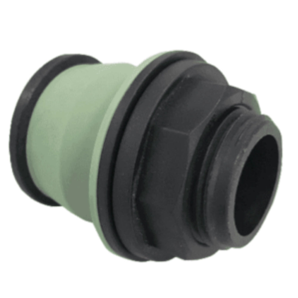 Green and black tank fitting on a white background