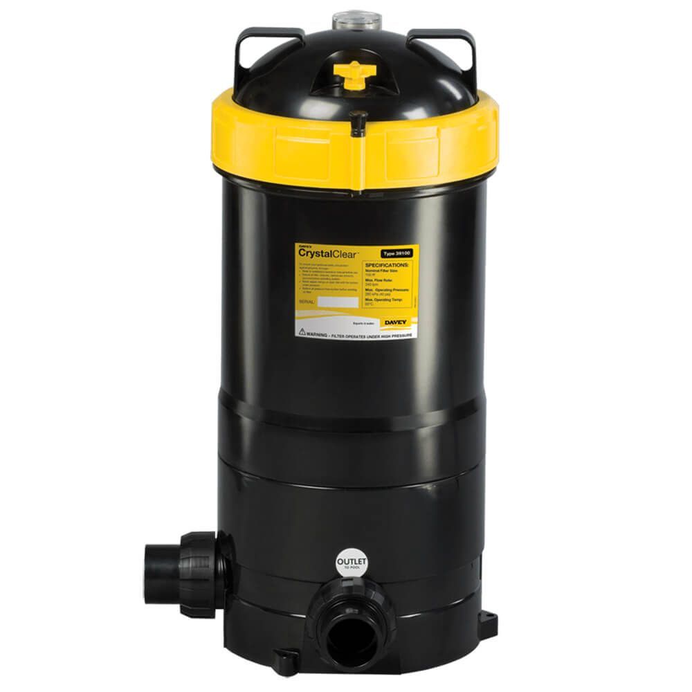 Black and yellow cylindrical water filter with 'CrystalClear' branding on a white background