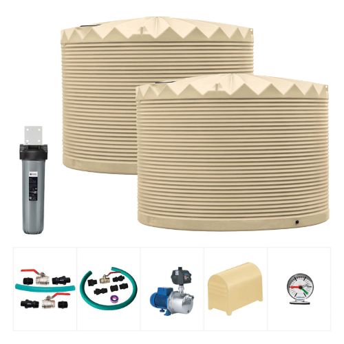 Two large beige water storage tanks with various plumbing components on a white background