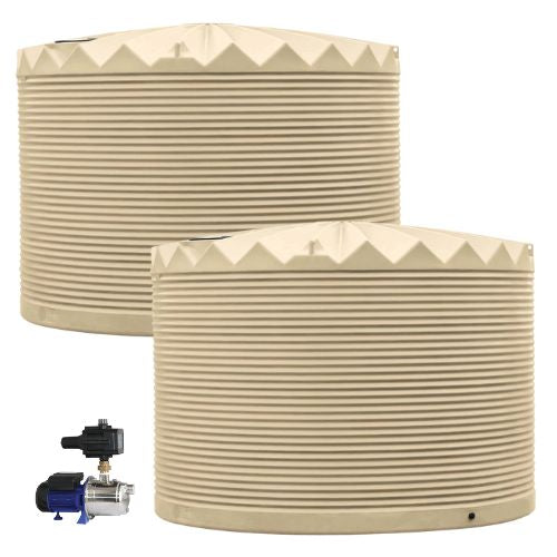 Two water storage tanks with a pump on a white background