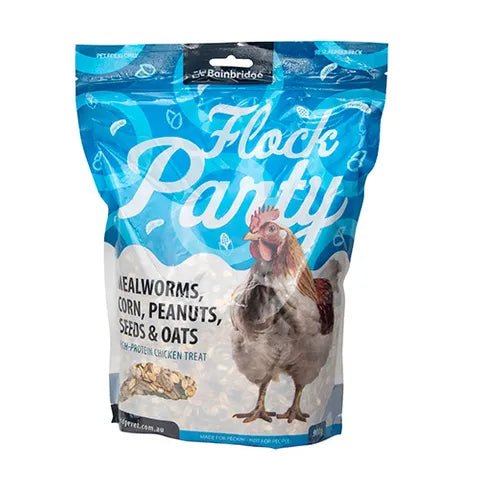 Chicken Treat - Flock Party - Blue - Mealworms, Corn, Peanuts, Seeds & Oats - 900g - Supplementation - Austral Ag