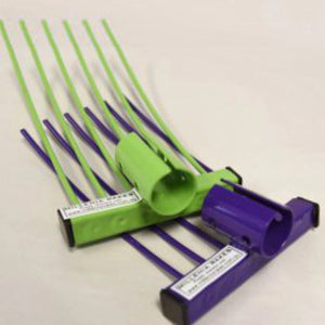 Green and purple rake heads with multiple components on a light gray background