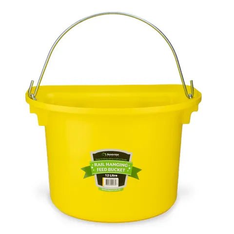 18593 - Animal Accessories - Rail Hanging Flat Back Bucket with Metal Handle - Yellow - 12 Litre - Austral Ag