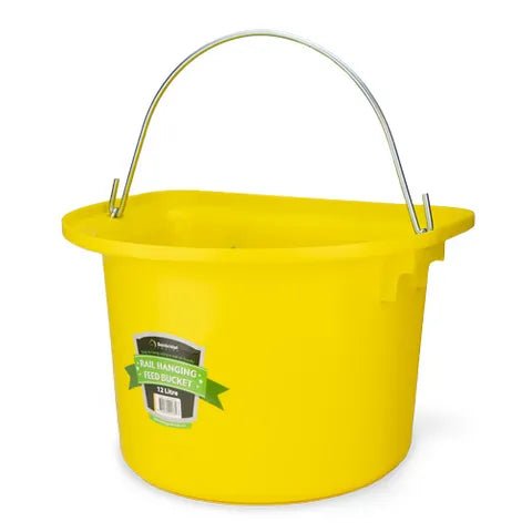 18593 - Animal Accessories - Rail Hanging Flat Back Bucket with Metal Handle - Yellow - 12 Litre - Austral Ag