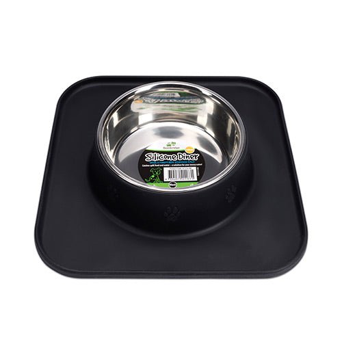 15430 - Animal Accessories - Stainless Steel Bowl with Silicon Diner Mat - Black - 540ml - Austral Ag