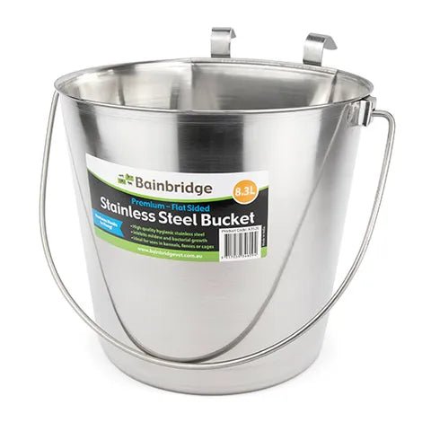 13682 - Animal Accessories - Stainless Steel Bucket Flat Sided - 8.3L - Austral Ag